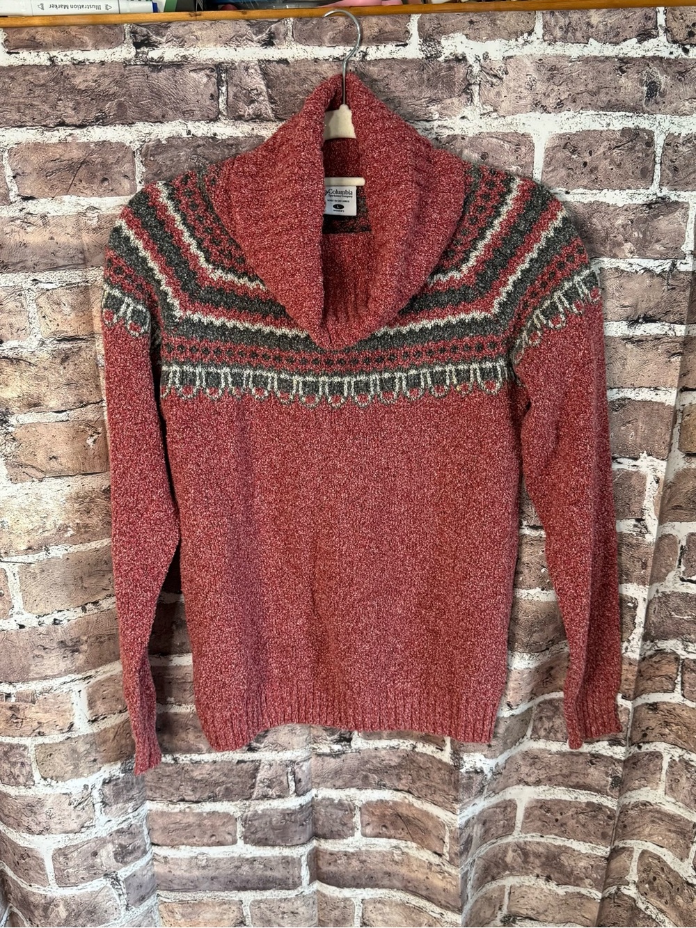 Columbia Women’s L Red Fair Isle Shawl Collar Pullover Sweater